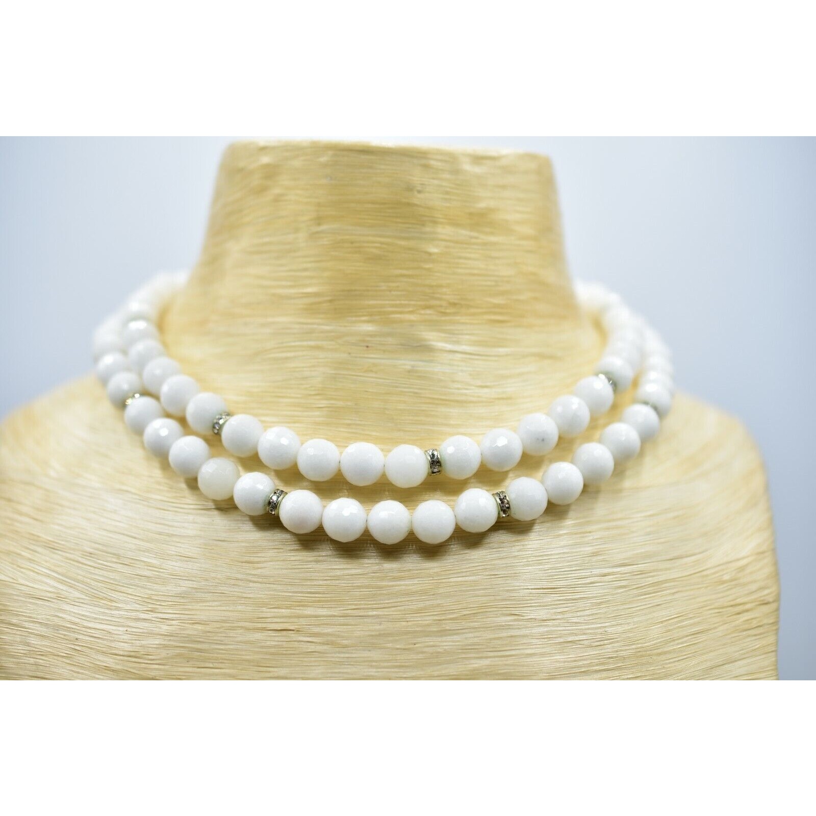 Statement Necklace Faceted Crystal Metallic Beaded White Rhinestone Vintage Bin4